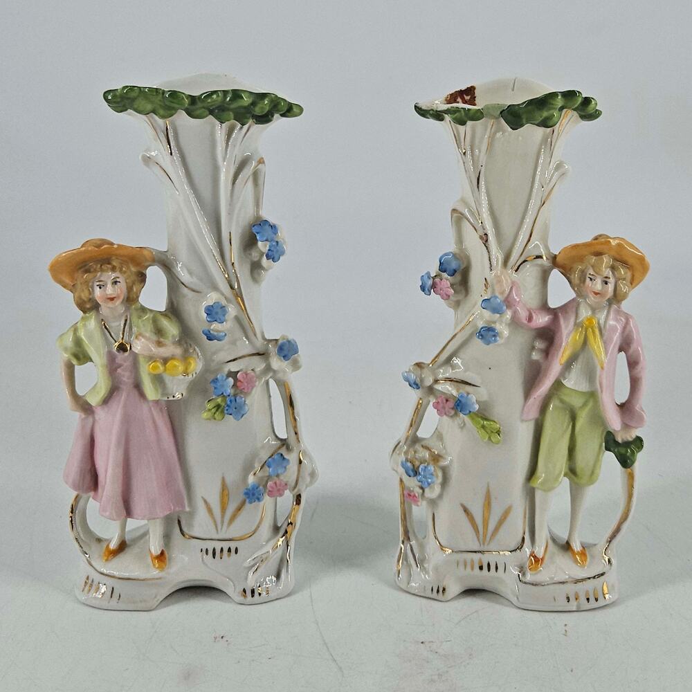 Vintage pair of Japanese porcelain vases hand painted Victorian style figurines